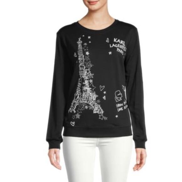 KARL LAGERFELD Sweatshirt L Black Stars Rhinestone Paris Eiffel Tower Long-Slv